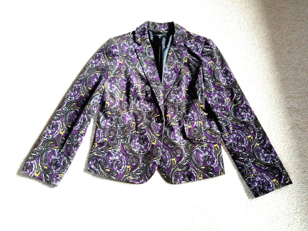 Womens Jacket-TALBOTS-purple/black/green paisley velvet blazer Old Money-10P